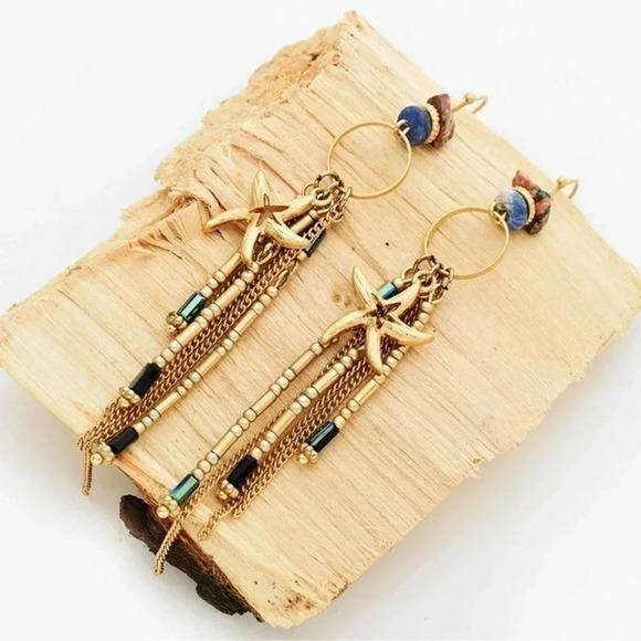 Gold Starfish Earrings Hematite Lapis Jasper - Picture 6 of 12